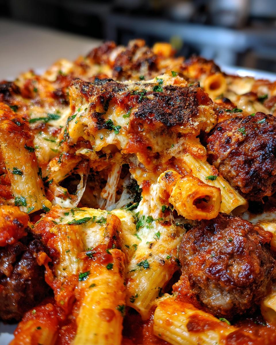baked ziti and meatballs without ricotta cheese - detail 1