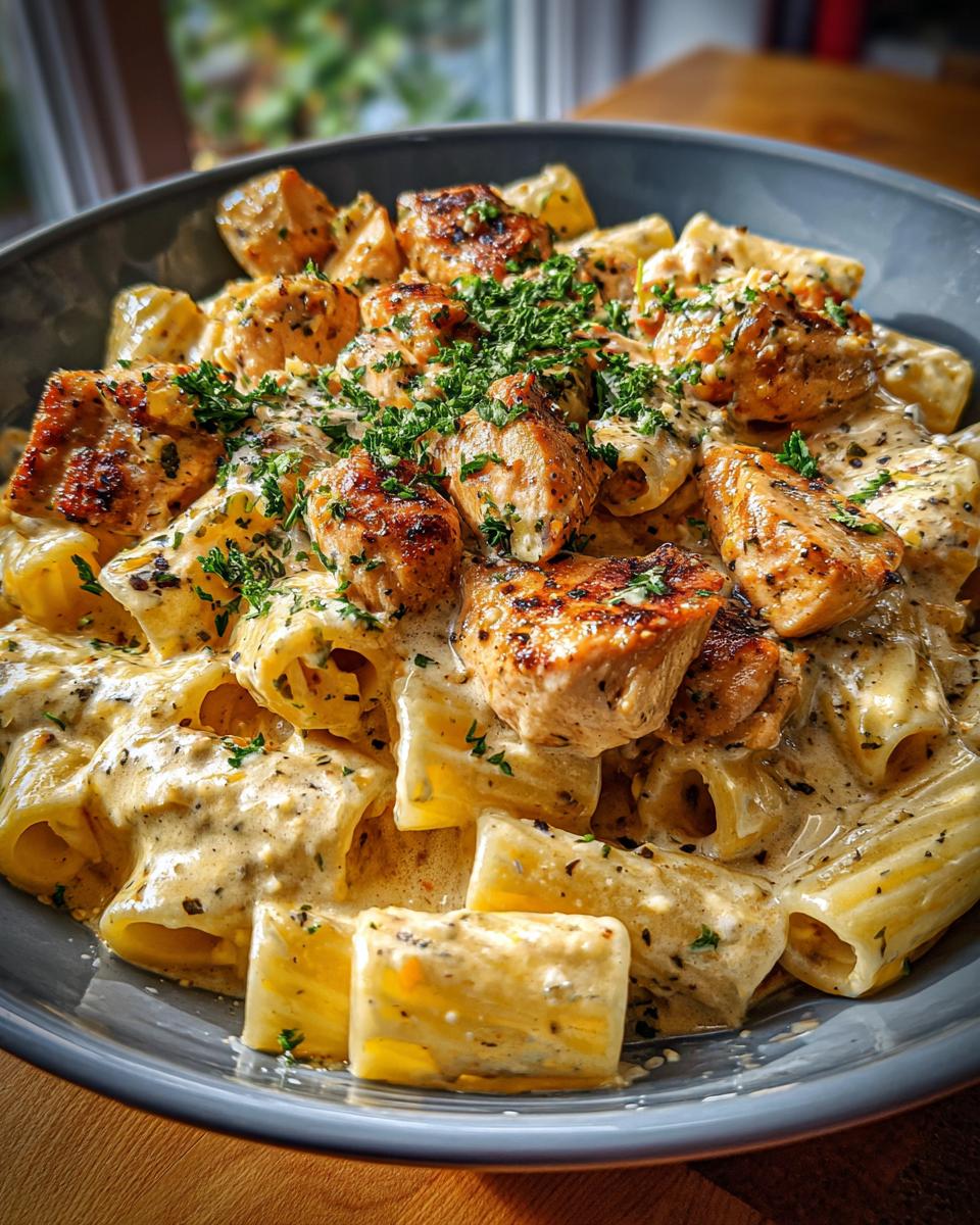 creamy garlic butter chicken and rigatoni in parmesan sauce - detail 1