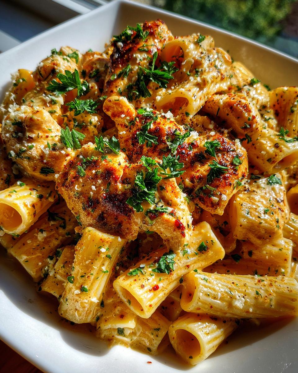 creamy garlic butter chicken and rigatoni in parmesan sauce - detail 2
