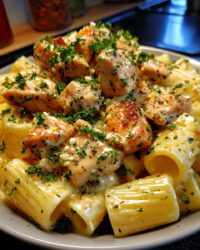 creamy garlic butter chicken and rigatoni in parmesan sauce