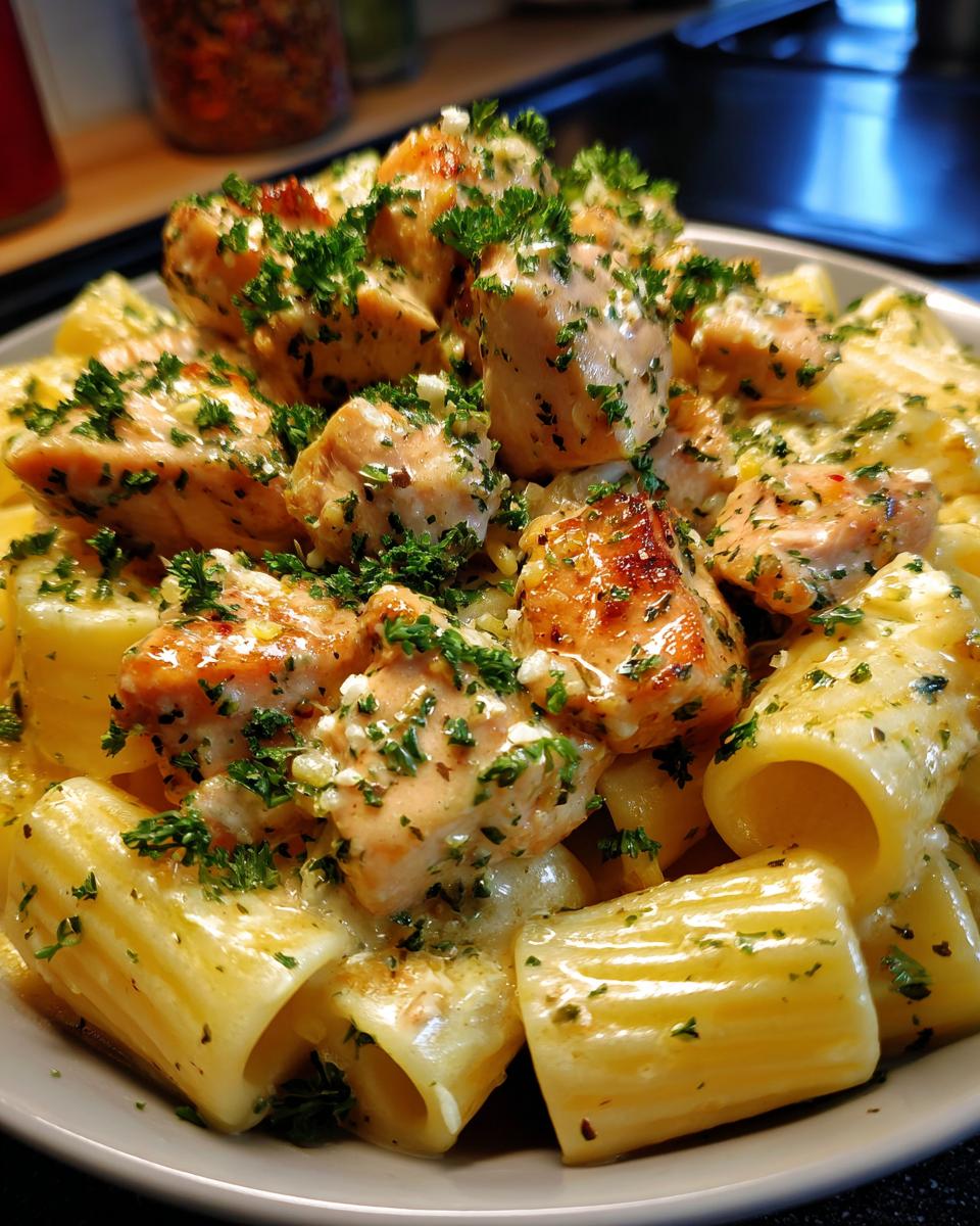 creamy garlic butter chicken and rigatoni in parmesan sauce