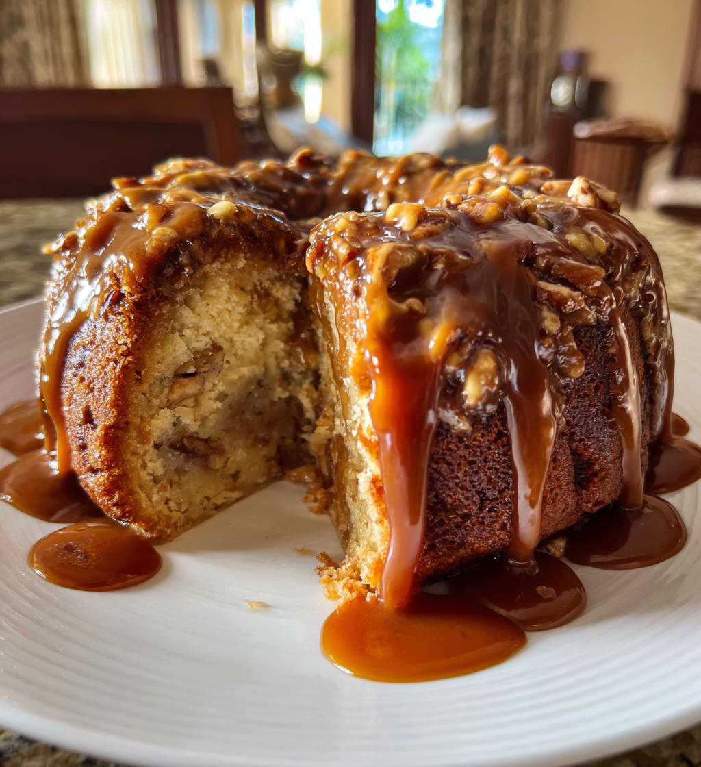 apple pecan cake with caramel glaze