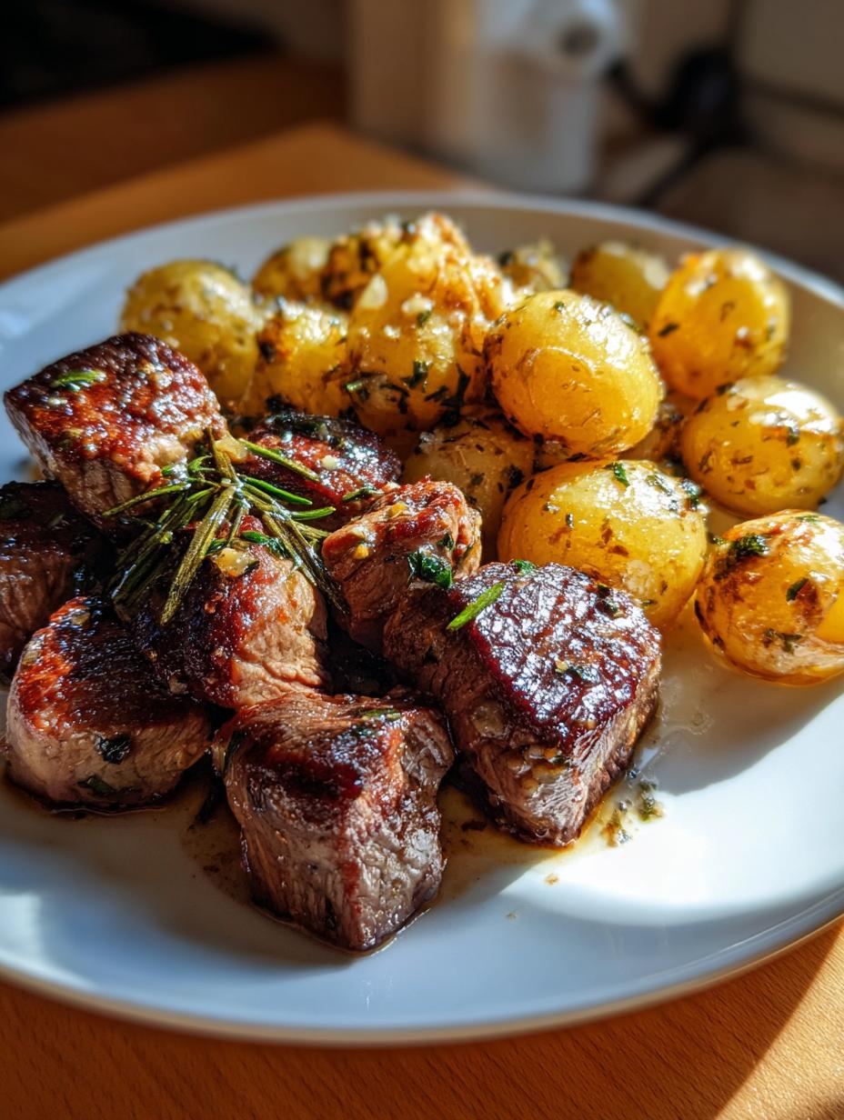 butter steak bites with garlic herb potatoes - detail 1