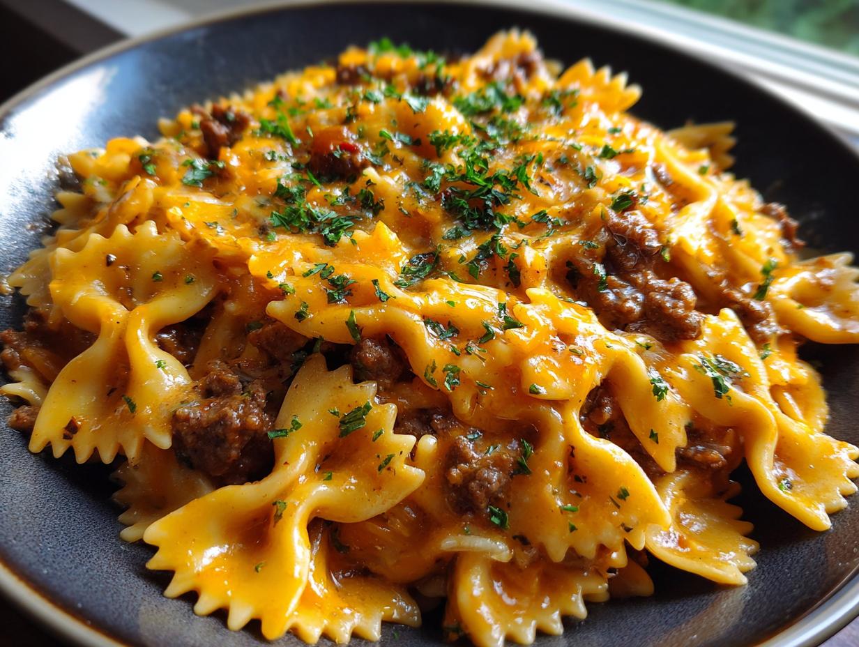 cheesy beef and bowtie pasta in garlic butter - detail 1