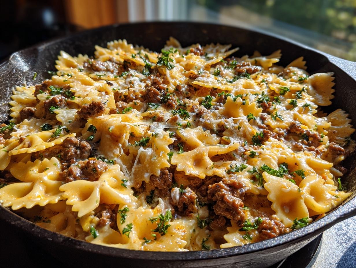 cheesy beef and bowtie pasta in garlic butter
