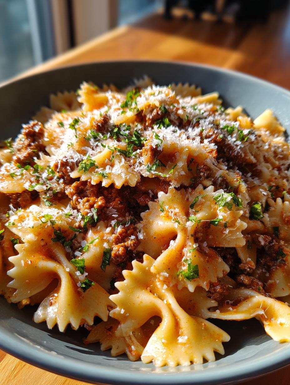 creamy beef and bowtie pasta