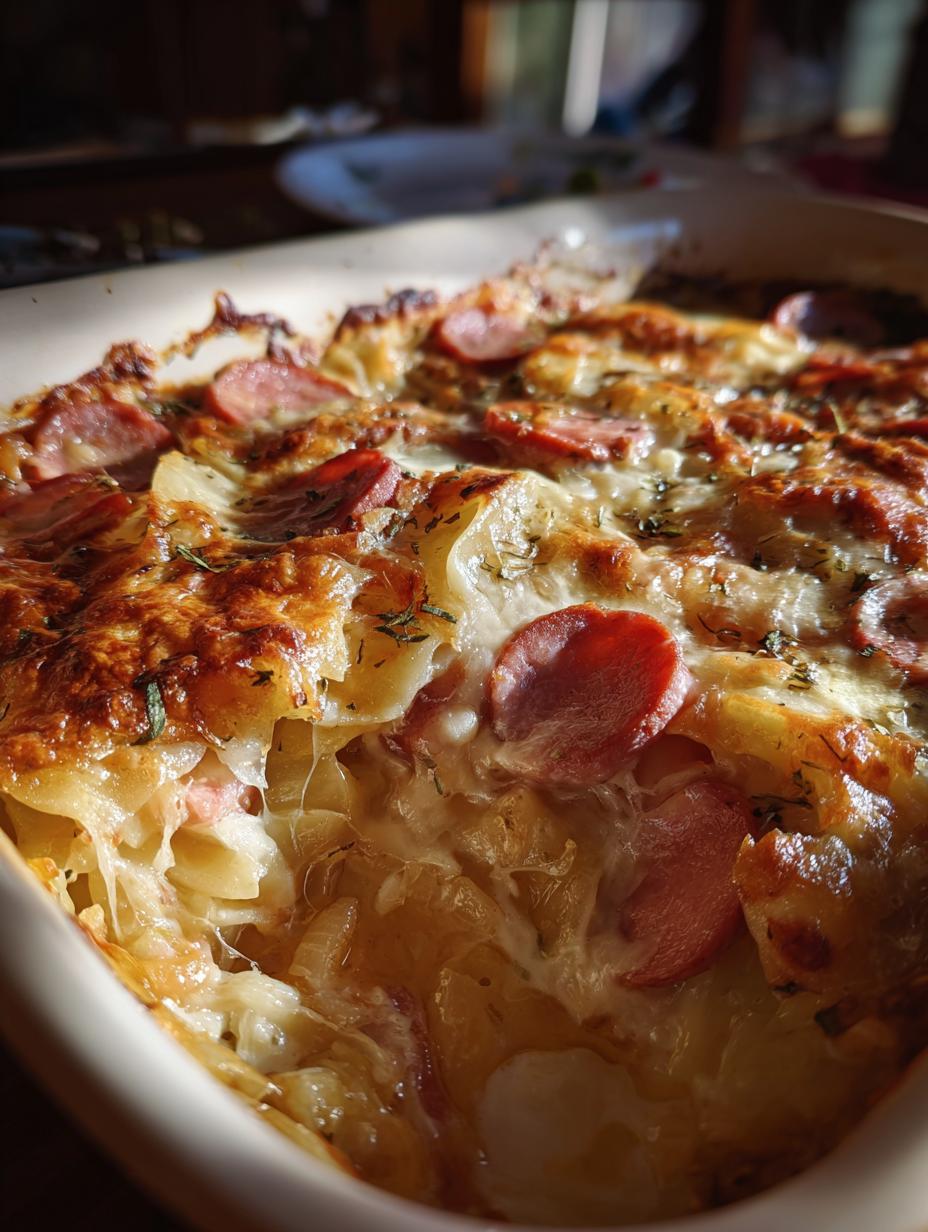 crockpot pierogi casserole with kielbasa - detail 1