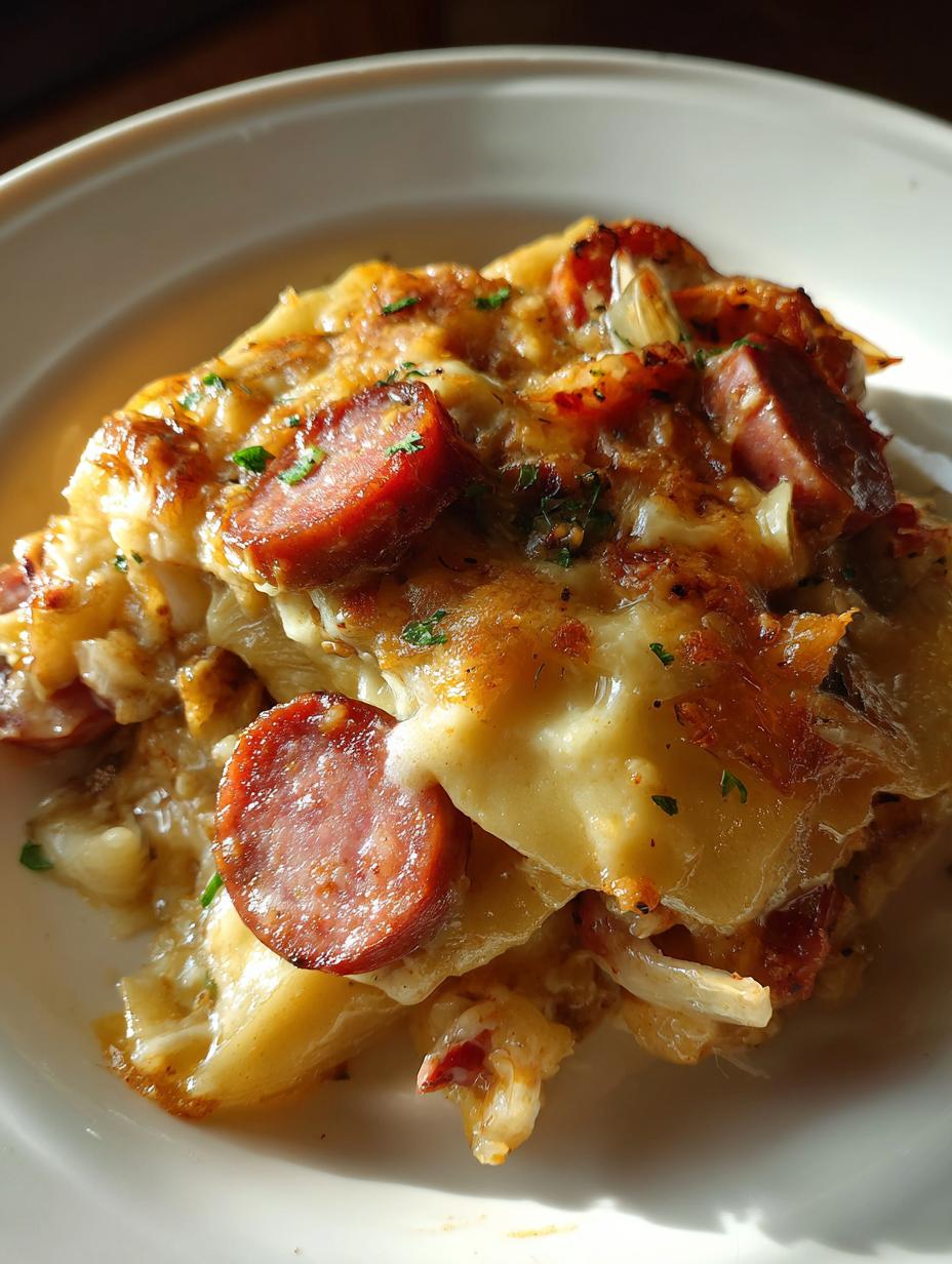crockpot pierogi casserole with kielbasa