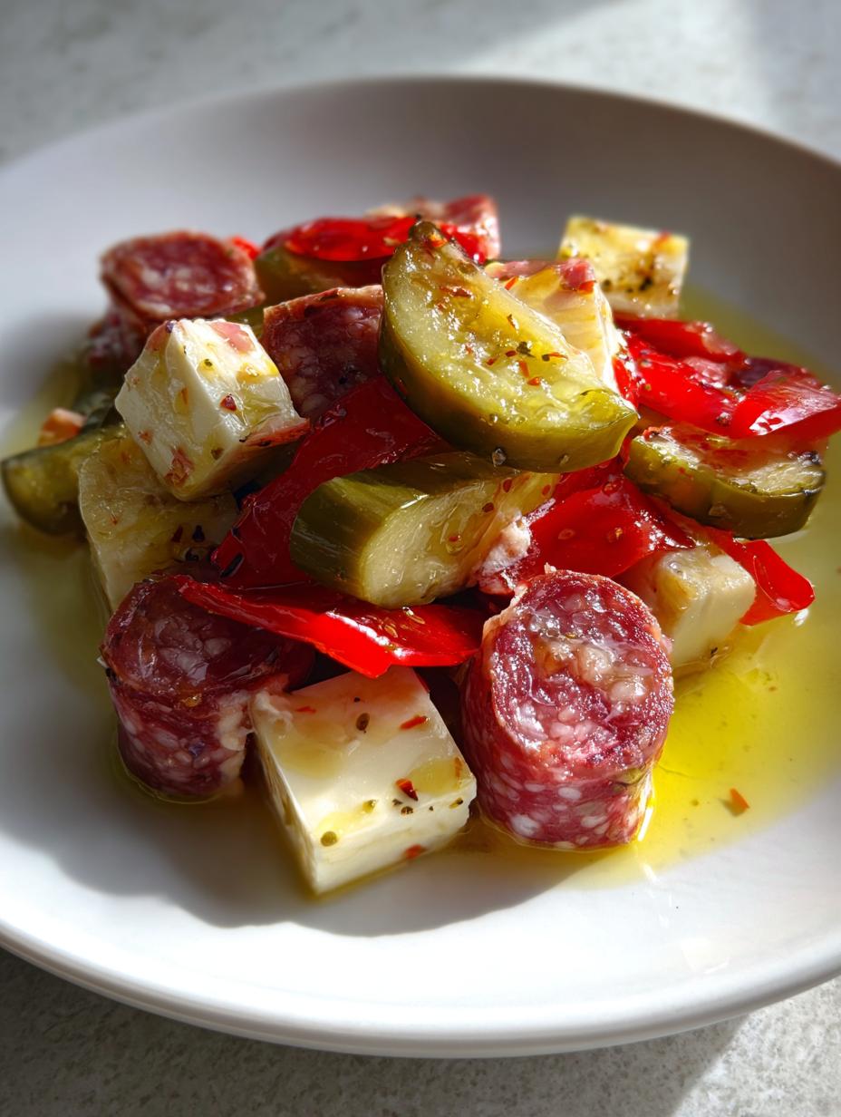 easy marinated cheese appetizer with salami pickles - detail 1