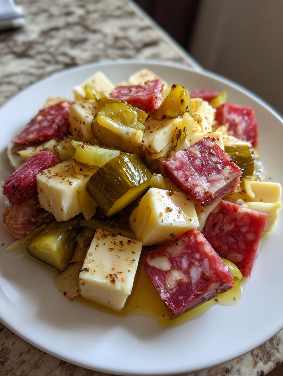 easy marinated cheese appetizer with salami pickles
