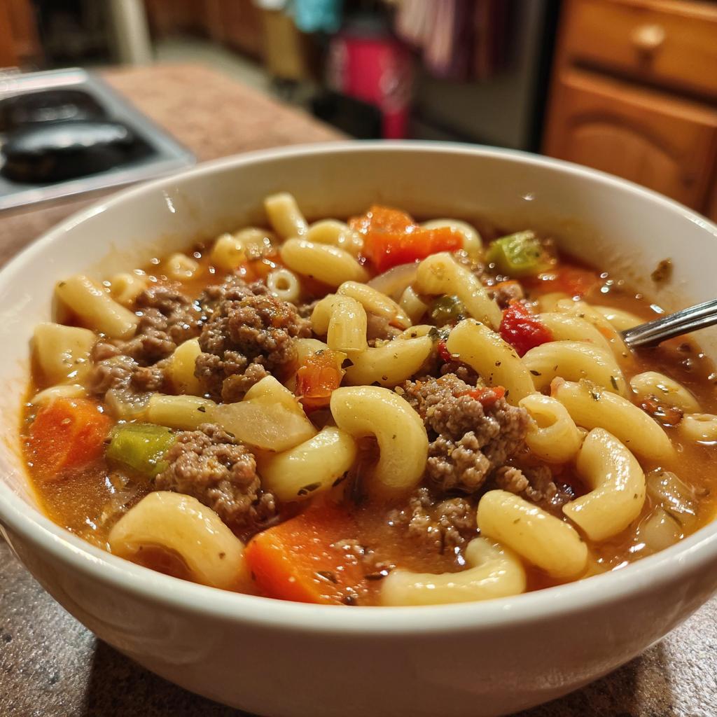 hamburger macaroni soup - detail 1