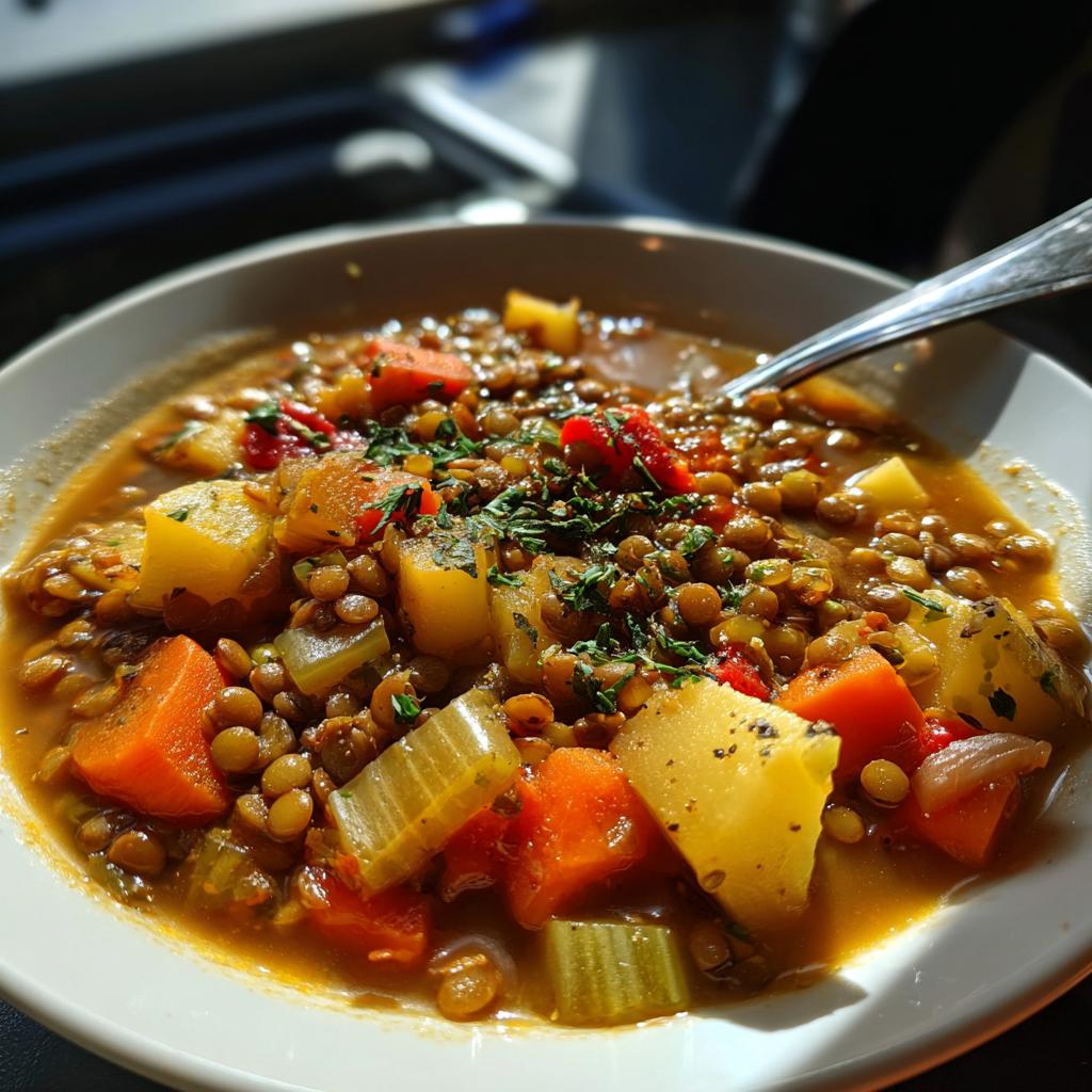 hearty lentil and potato soup - detail 1