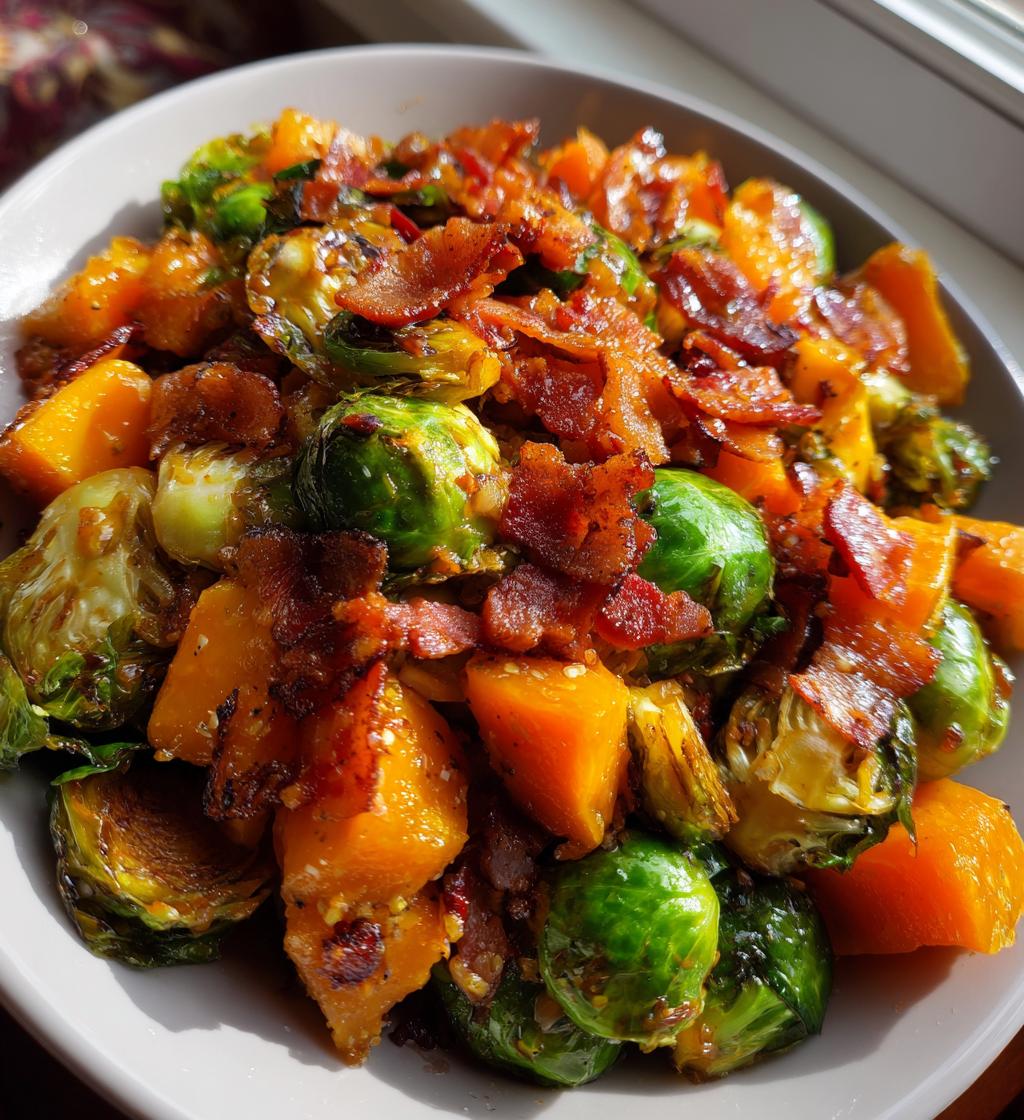maple glazed brussels sprouts and butternut squash with bacon - detail 1