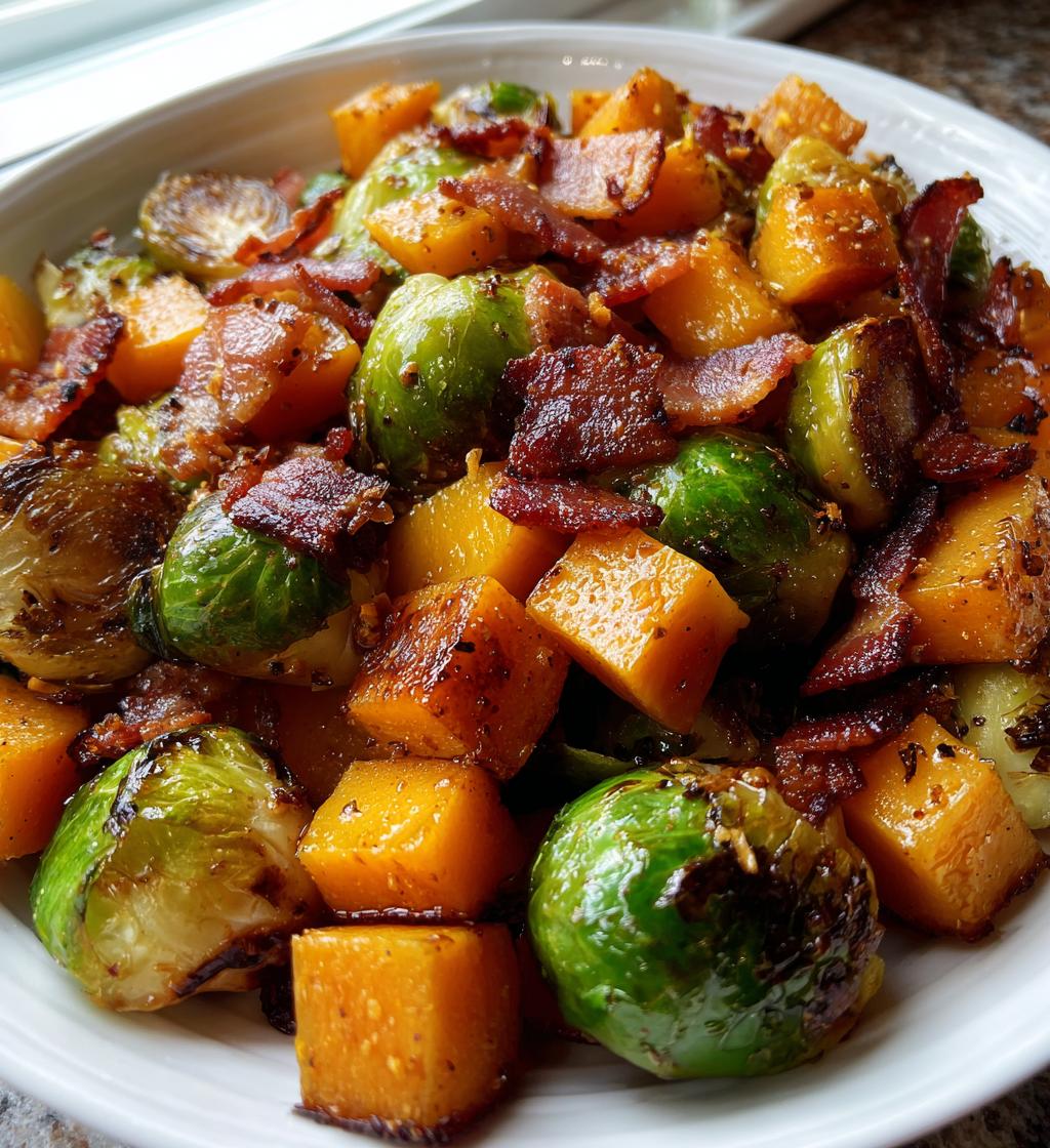 maple glazed brussels sprouts and butternut squash with bacon