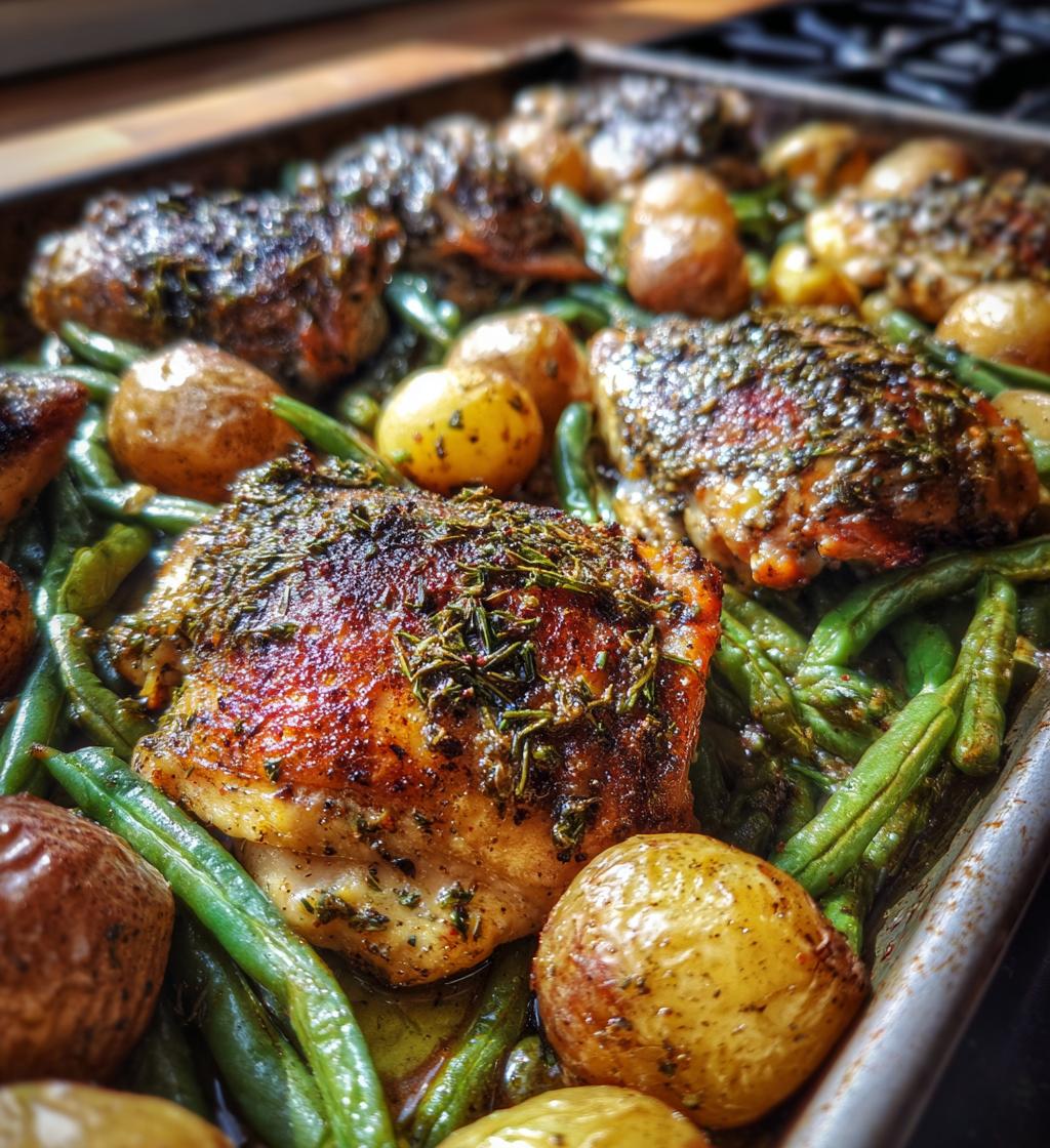 one pan garlic herb chicken with potatoes green beans - detail 1