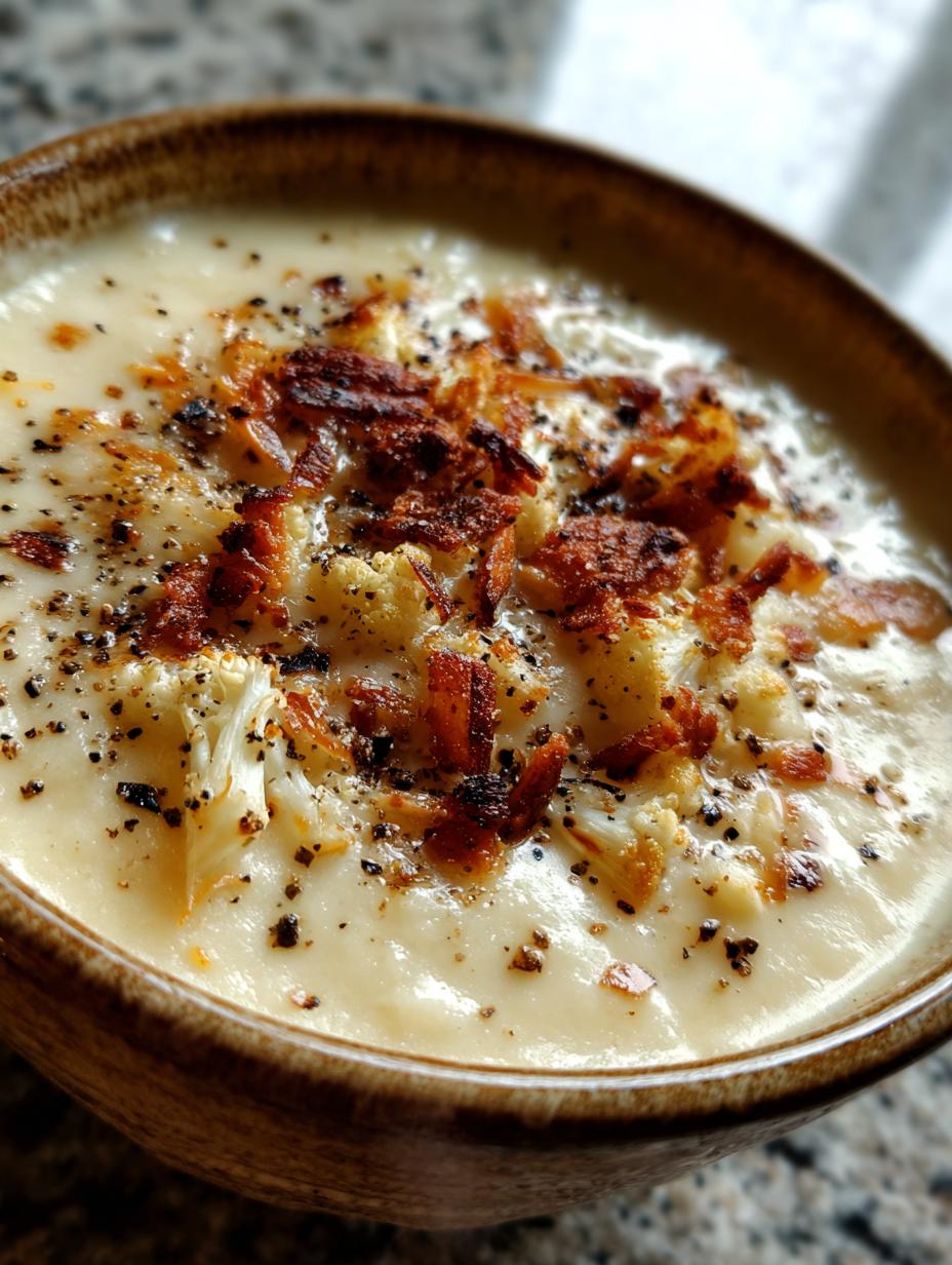 roasted garlic cheddar cauliflower soup - detail 1