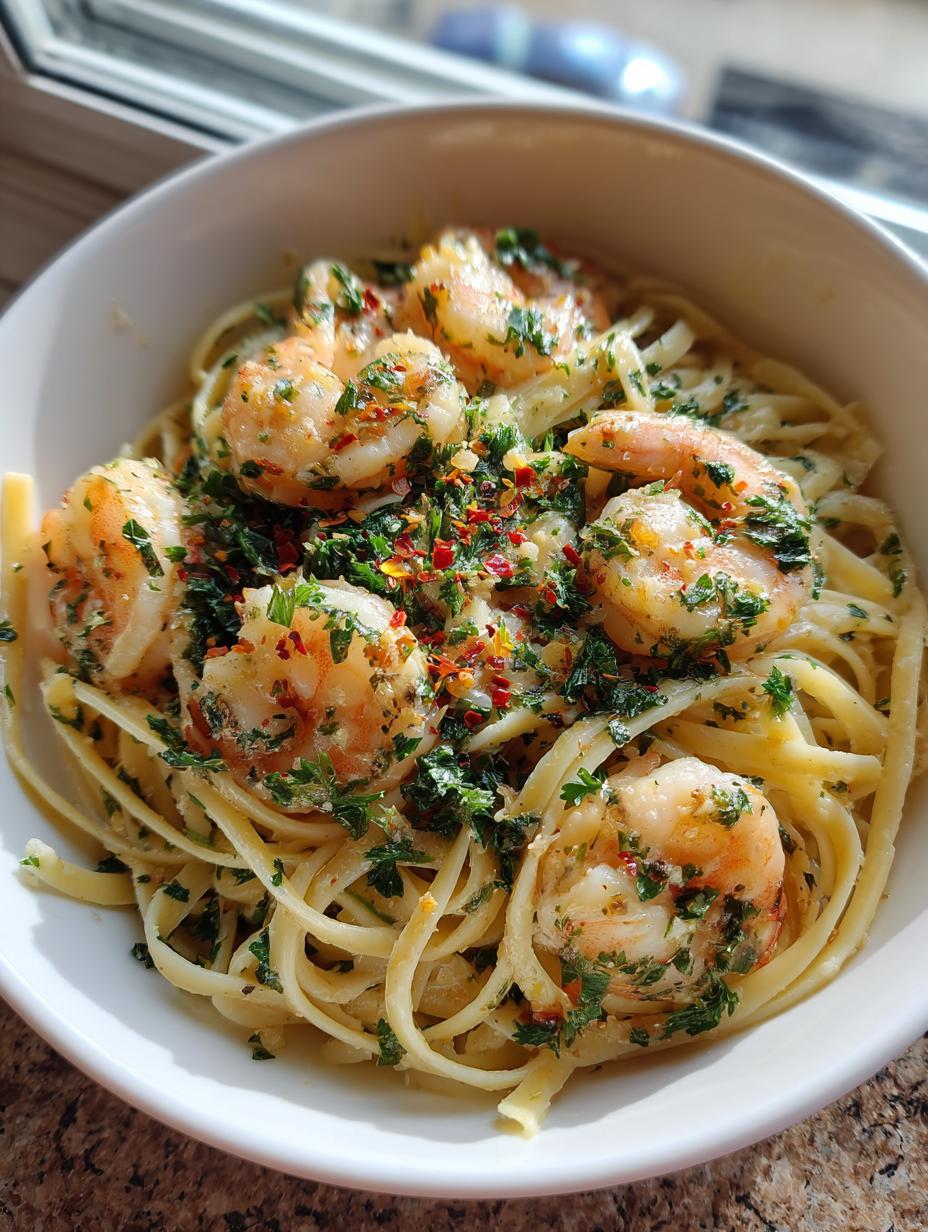 savory garlic butter shrimp linguine - detail 1