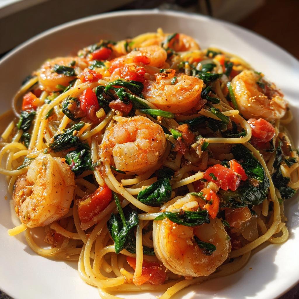 tomato spinach shrimp pasta - detail 1